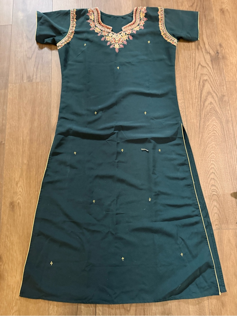 Embroidered Dark Green Maxi Dress with Gold Accents
